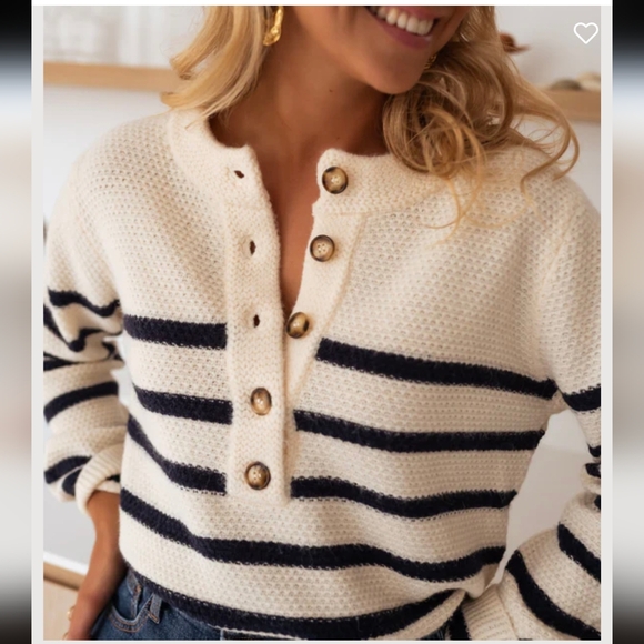 Easy Clothes Sailor Sunny Striped Ecru & Navy  1/2 ButtonUp Sweater NWT Size O/S - Picture 2 of 6